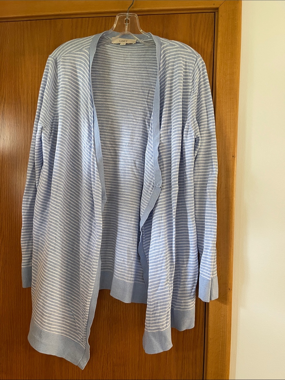 LOFT Light Blue & White Striped Open-Front Cardigan